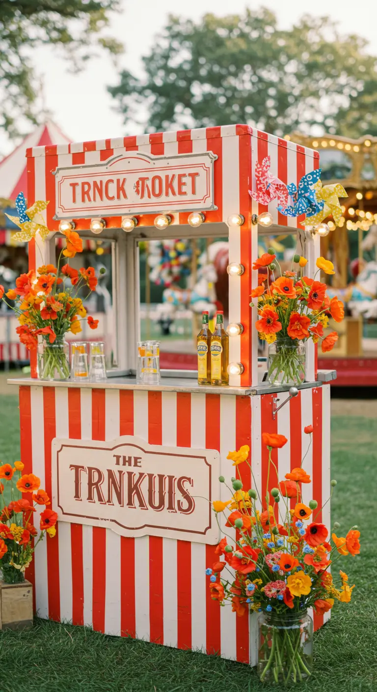 Quiosco de bebidas a rayas rojas y blancas, como en una feria, decorado con amapolas naranjas.