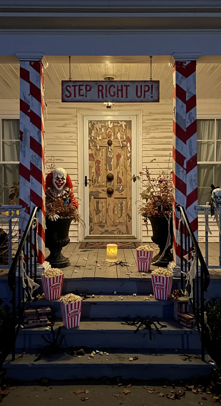 Porche con temática de circo terrorífico, con columnas a rayas y un payaso espeluznante.