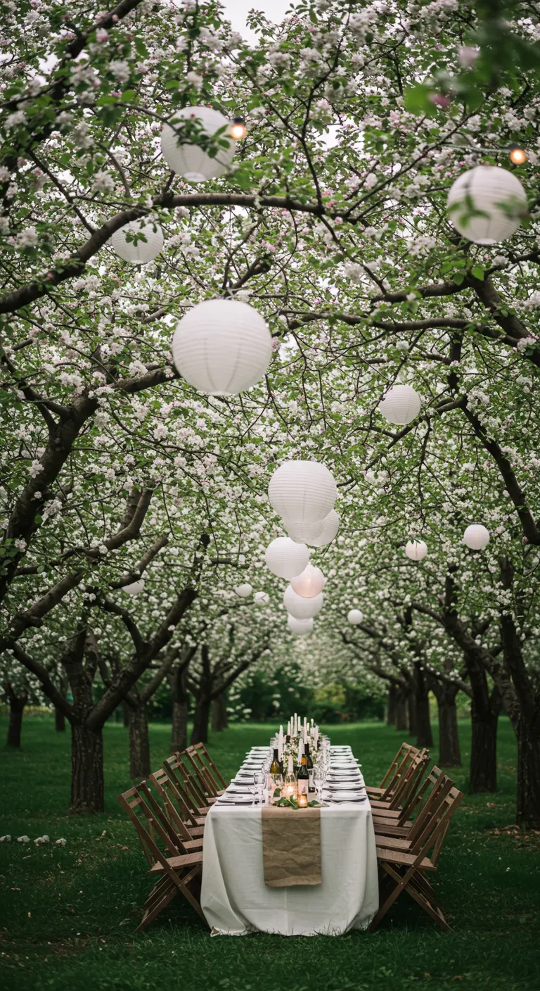 Larga mesa de boda en un pasillo de manzanos en flor con lámparas de papel.