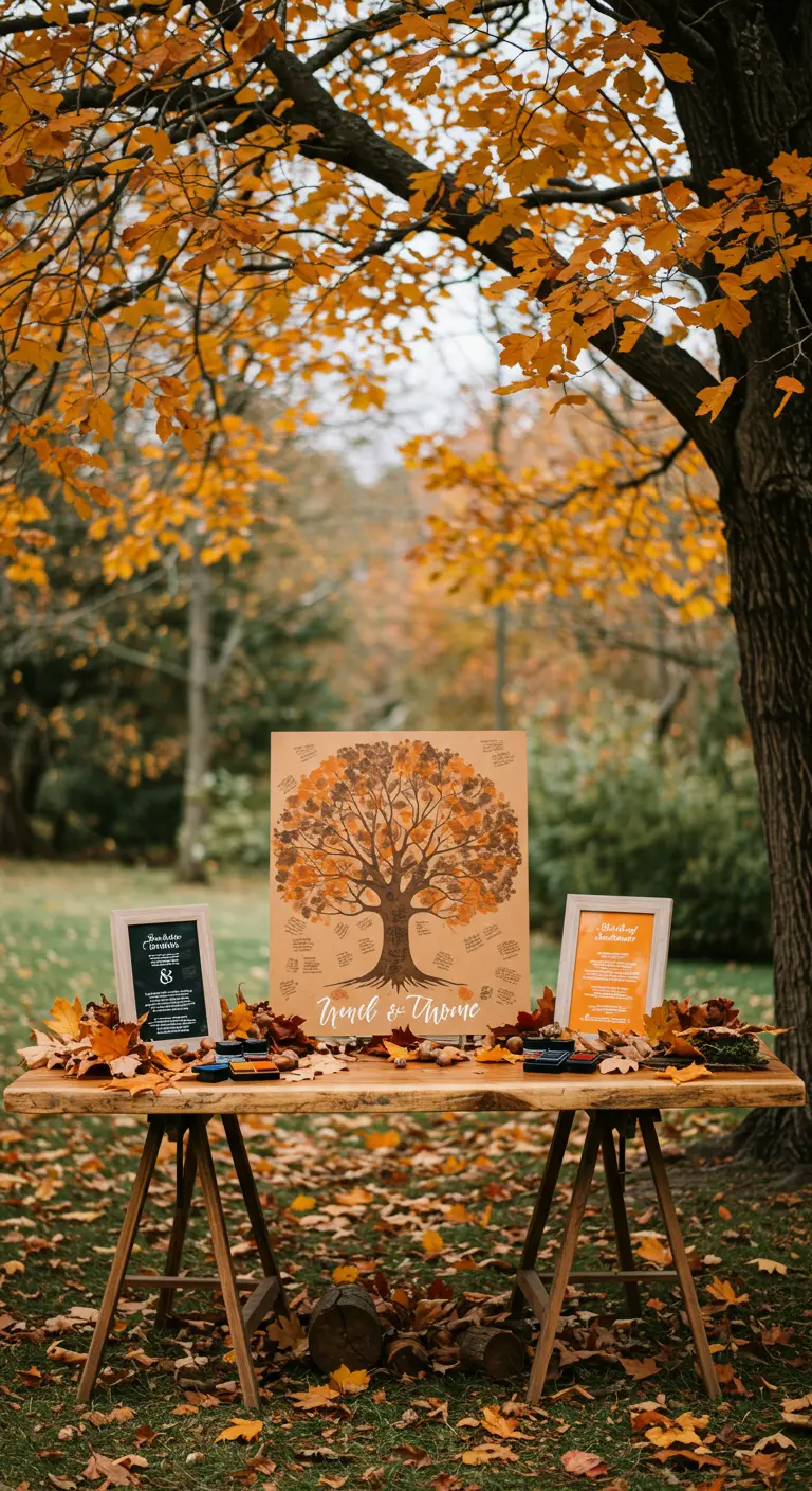 Árbol de huellas en papel kraft sobre caballetes en un parque otoñal con hojas caídas.