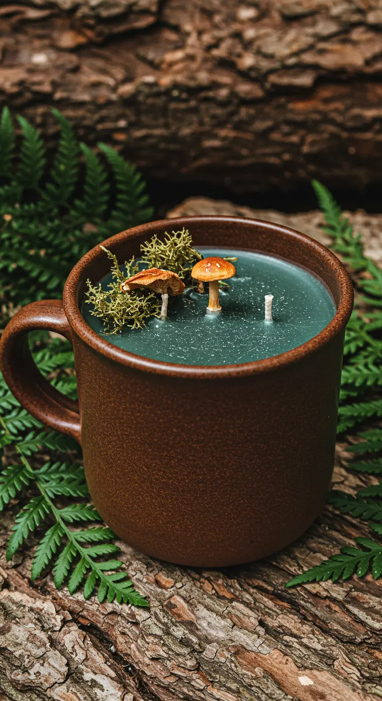 Vela de cera verde oscuro en una taza marrón, decorada con musgo y pequeñas setas