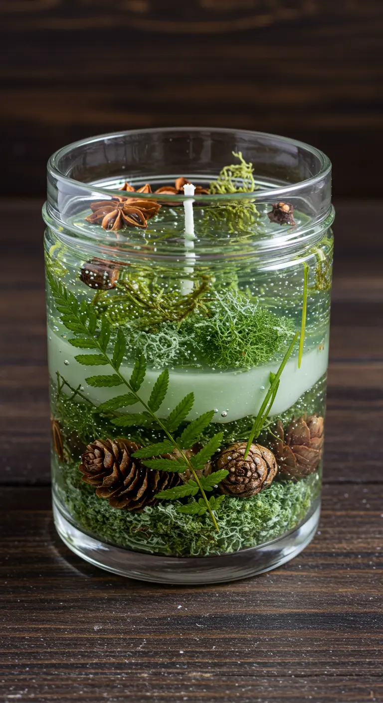 Vela de gel con piñas, musgo y hojas de helecho creando una escena de bosque encapsulado.