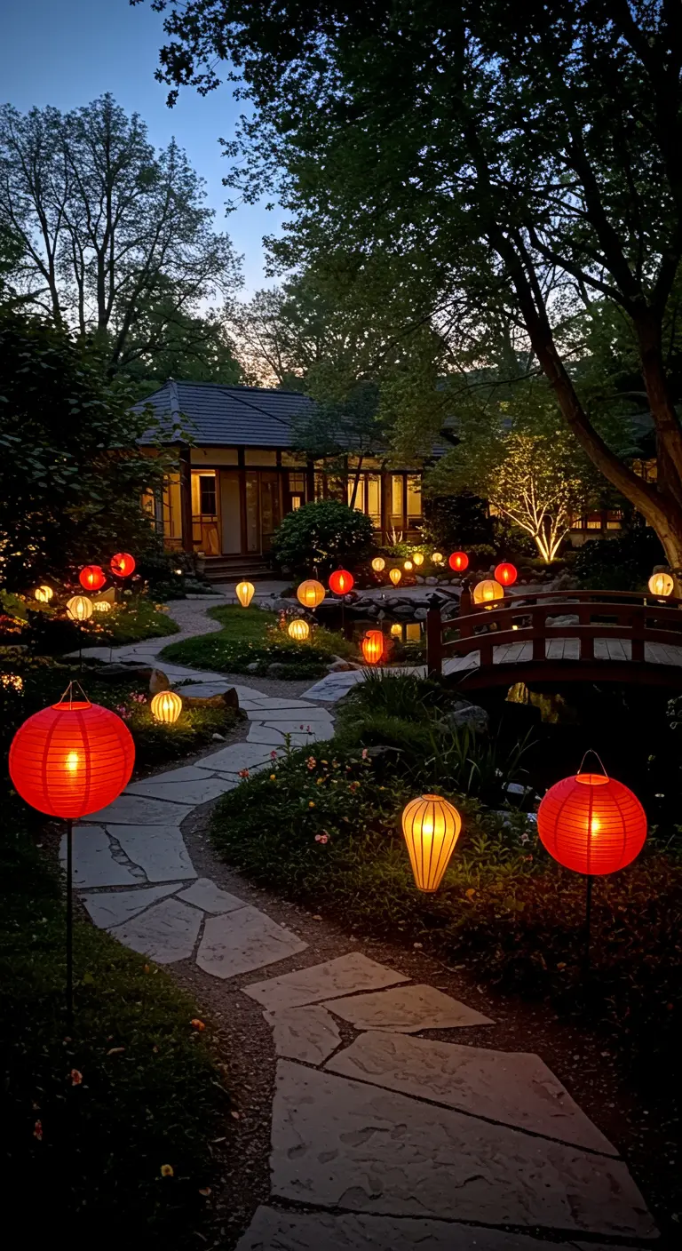 Jardín japonés de noche iluminado con lámparas de papel rojas y naranjas a lo largo de un sendero.
