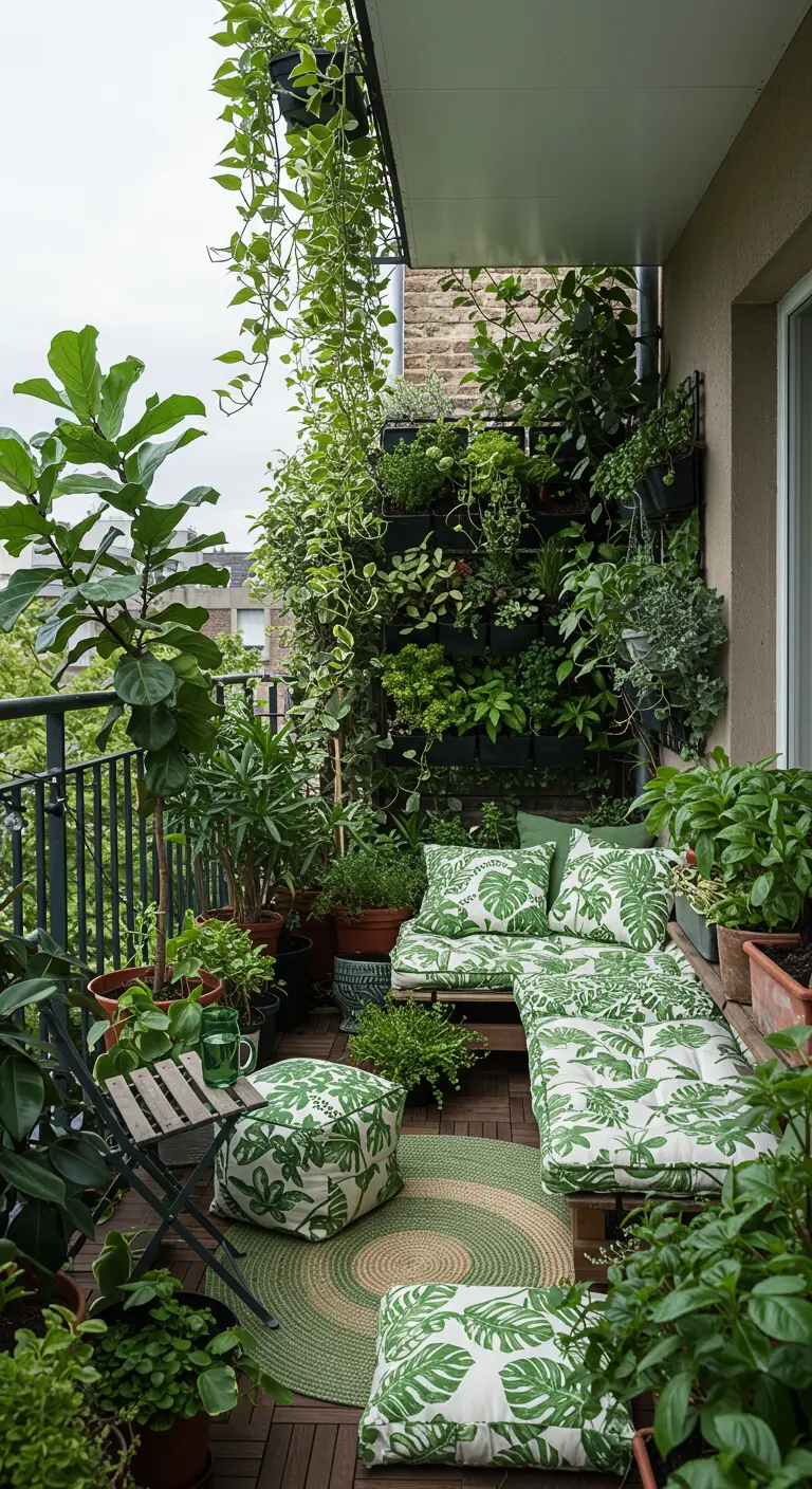 Balcón estrecho y largo lleno de plantas, con asientos de palets y cojines de monstera.