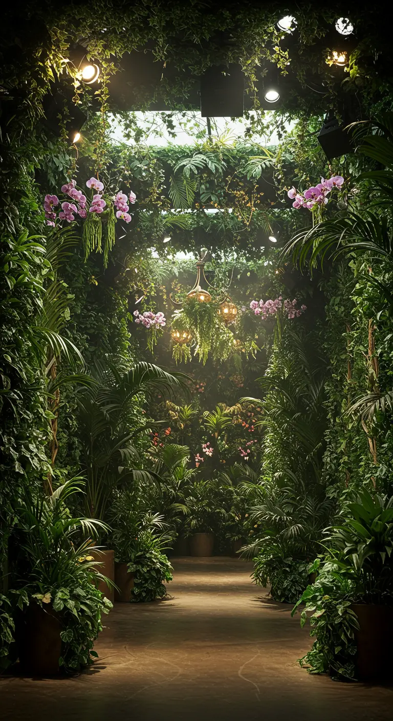 Pasillo exuberante creado con plantas tropicales altas, helechos y orquídeas colgantes.