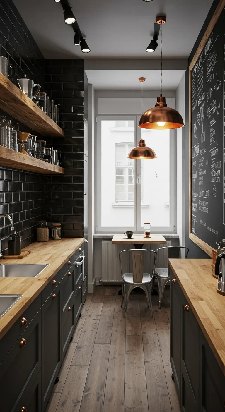 Cocina estrecha con azulejos negros, encimeras de madera y lámparas de cobre colgantes.