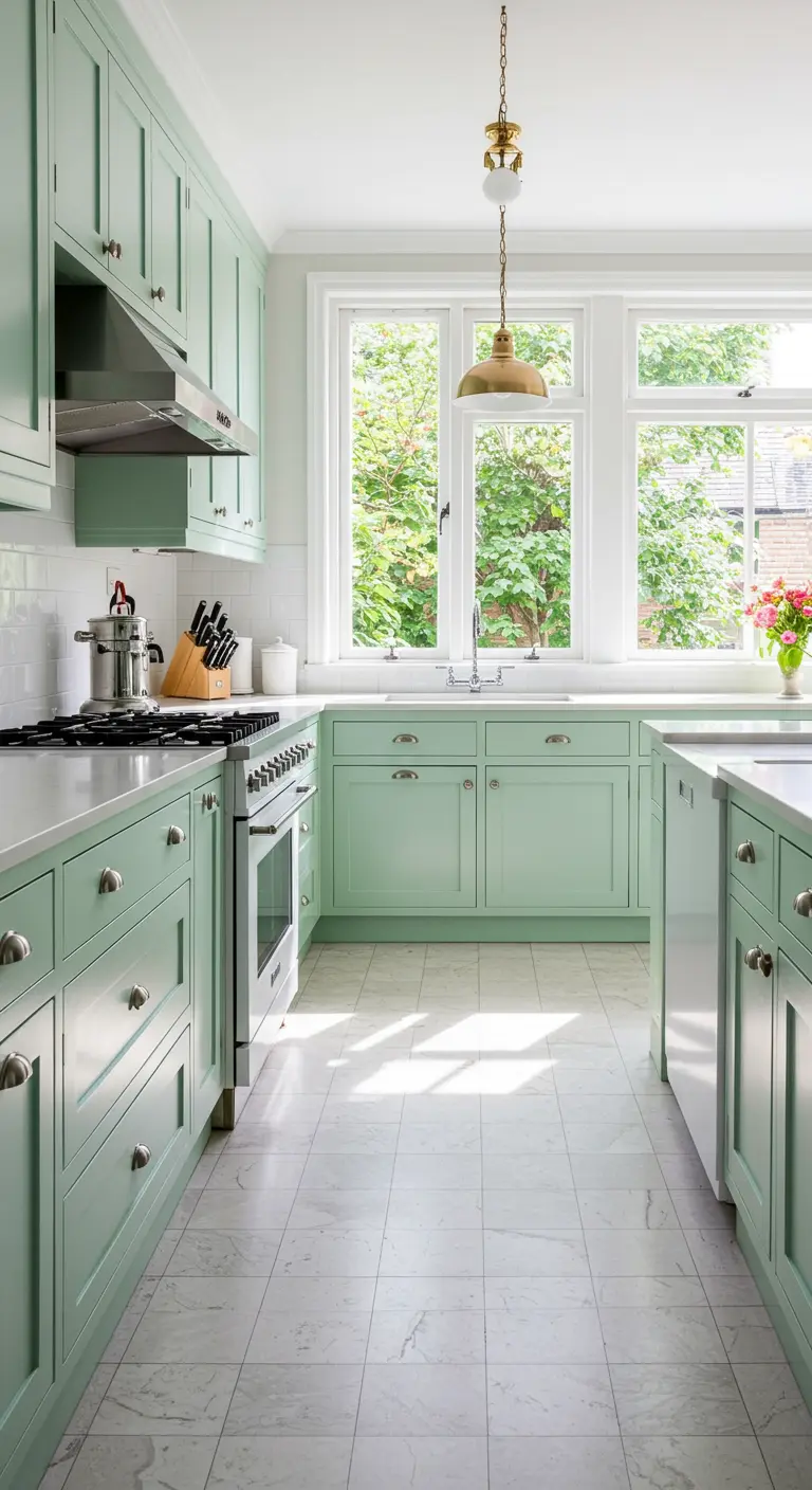Cocina alargada tipo pasillo con muebles color menta y suelo de mármol.