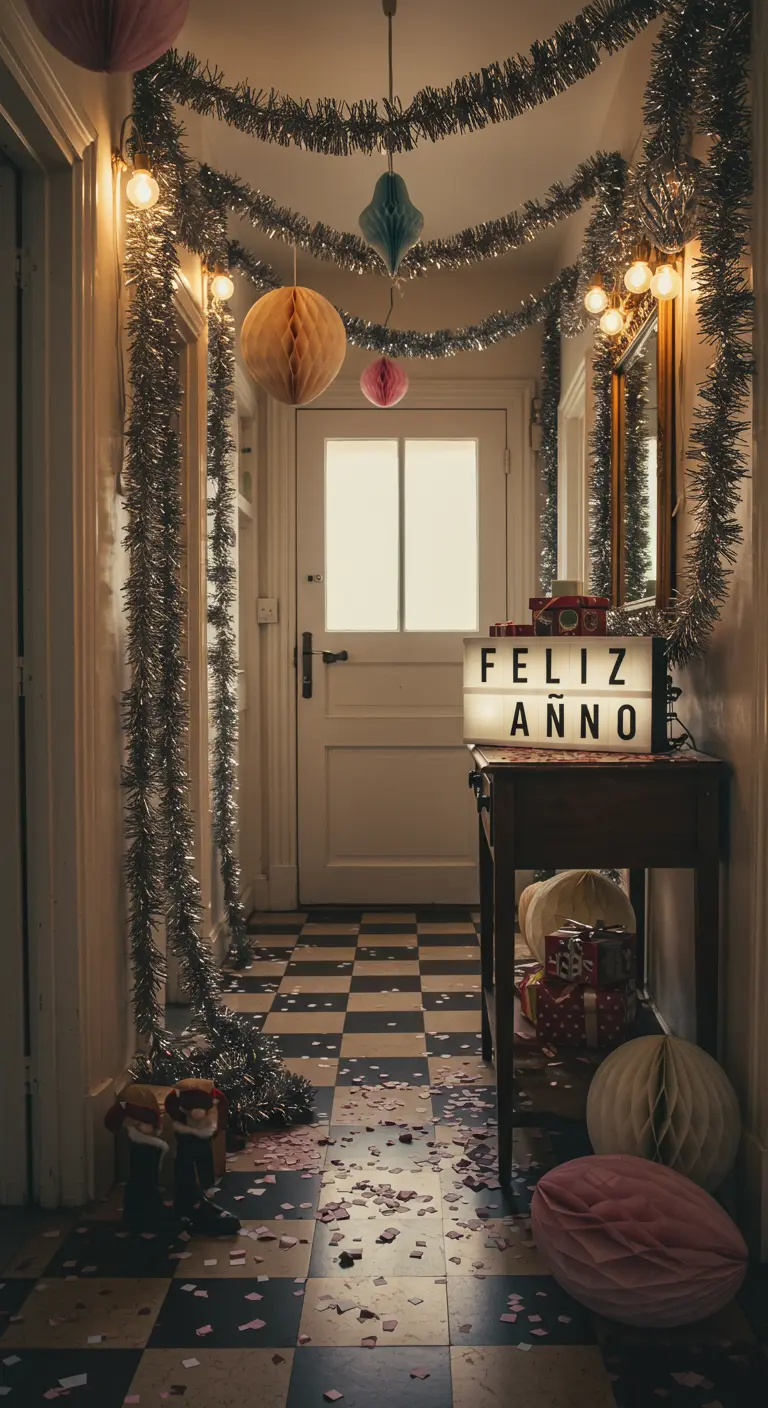 Pasillo decorado con espumillón plateado, farolillos de papel y confeti en el suelo.