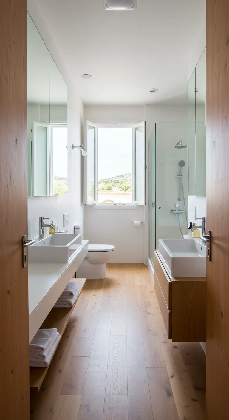 Baño estrecho y largo con suelo de madera, dos lavabos y ducha al fondo.