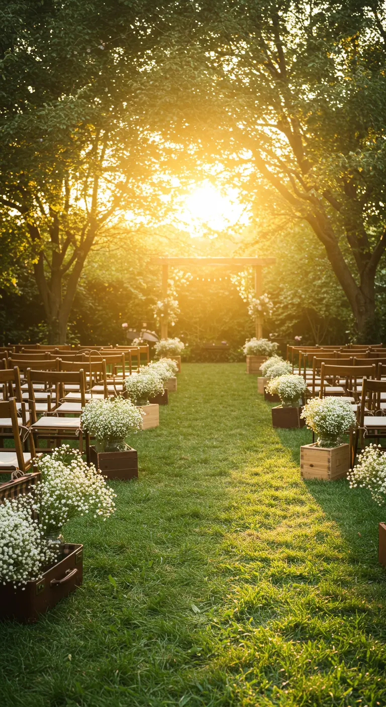 Camino al altar de una boda al aire libre con maletas vintage llenas de flores blancas.