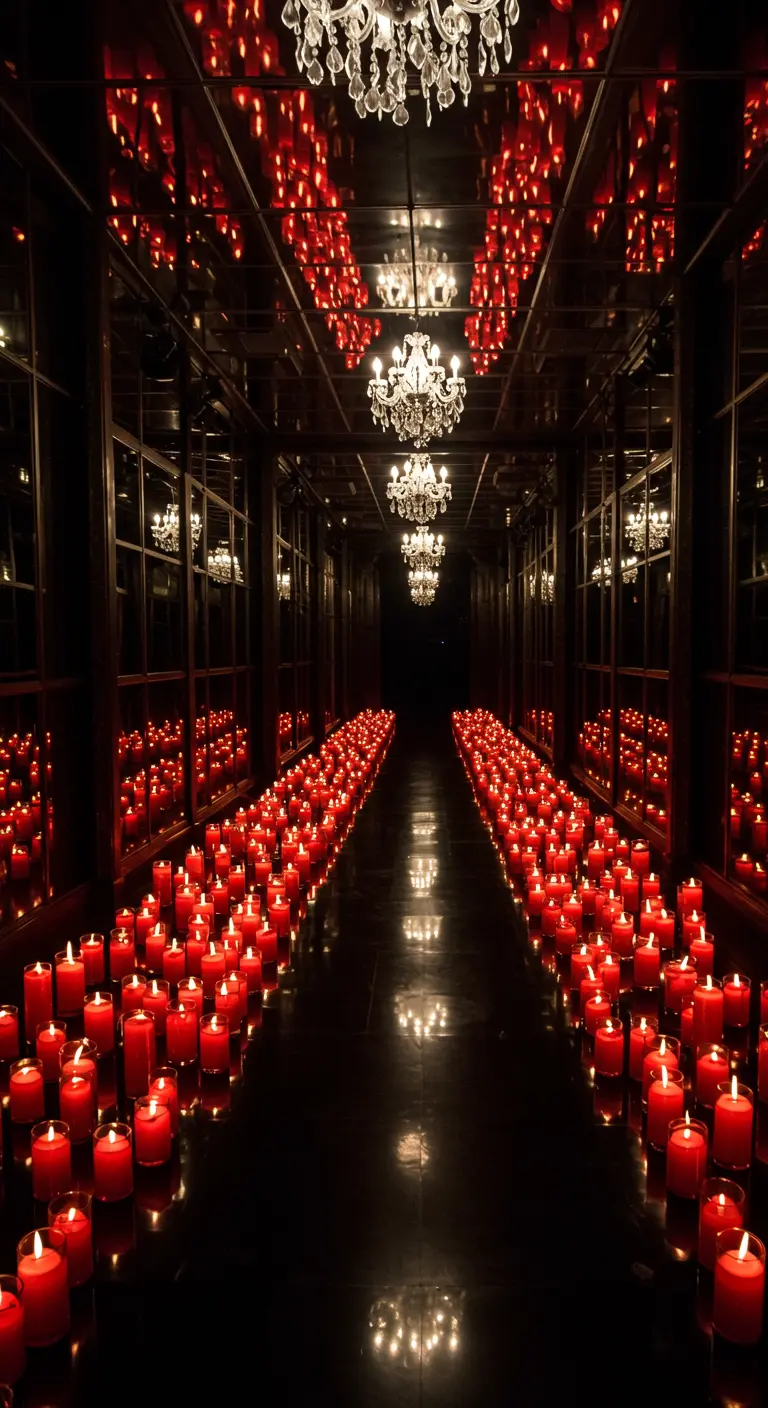 Pasillo con espejos y techo oscuro, reflejando infinitas filas de velas rojas.