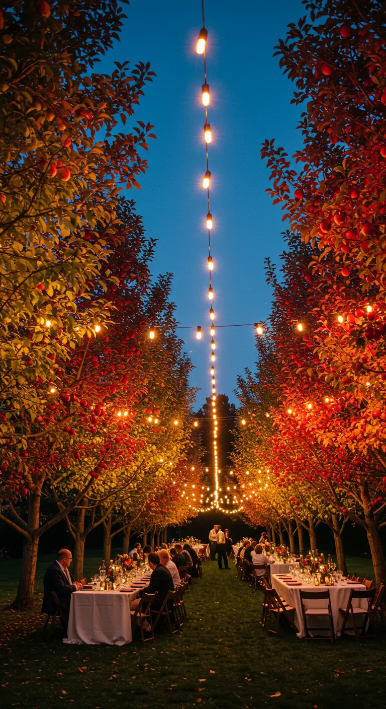 Cena de boda al aire libre entre hileras de árboles iluminados con guirnaldas de bombillas.