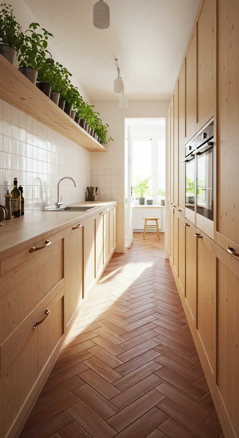 Cocina estrecha y alargada con muebles de madera clara y una estantería superior llena de plantas.