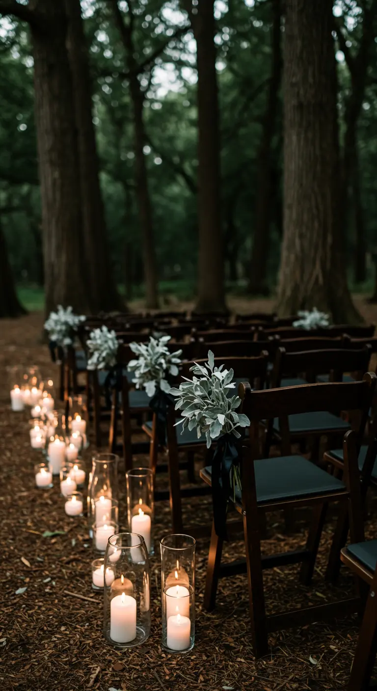 Sillas de madera en un bosque oscuro, con decoraciones de eucalipto y un pasillo iluminado por velas.