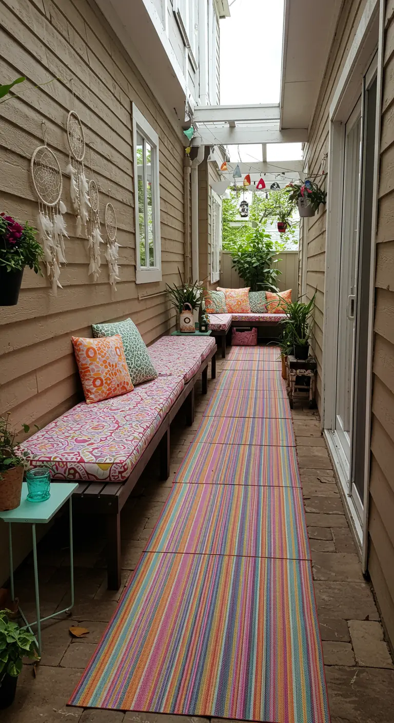 Pasillo exterior estrecho decorado con bancos, una alfombra de rayas de colores y atrapasueños blancos