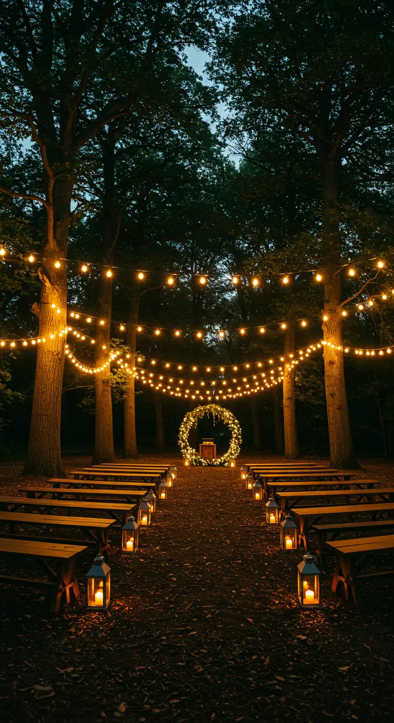 Ceremonia de boda nocturna en un bosque con luces colgantes entre los árboles.
