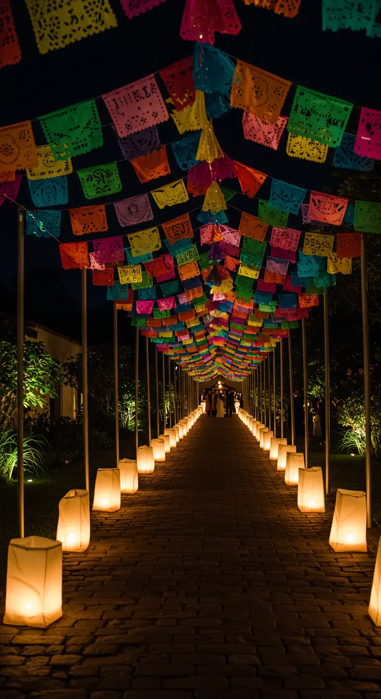 Camino de entrada a una fiesta iluminado con farolillos y un túnel de papel picado.