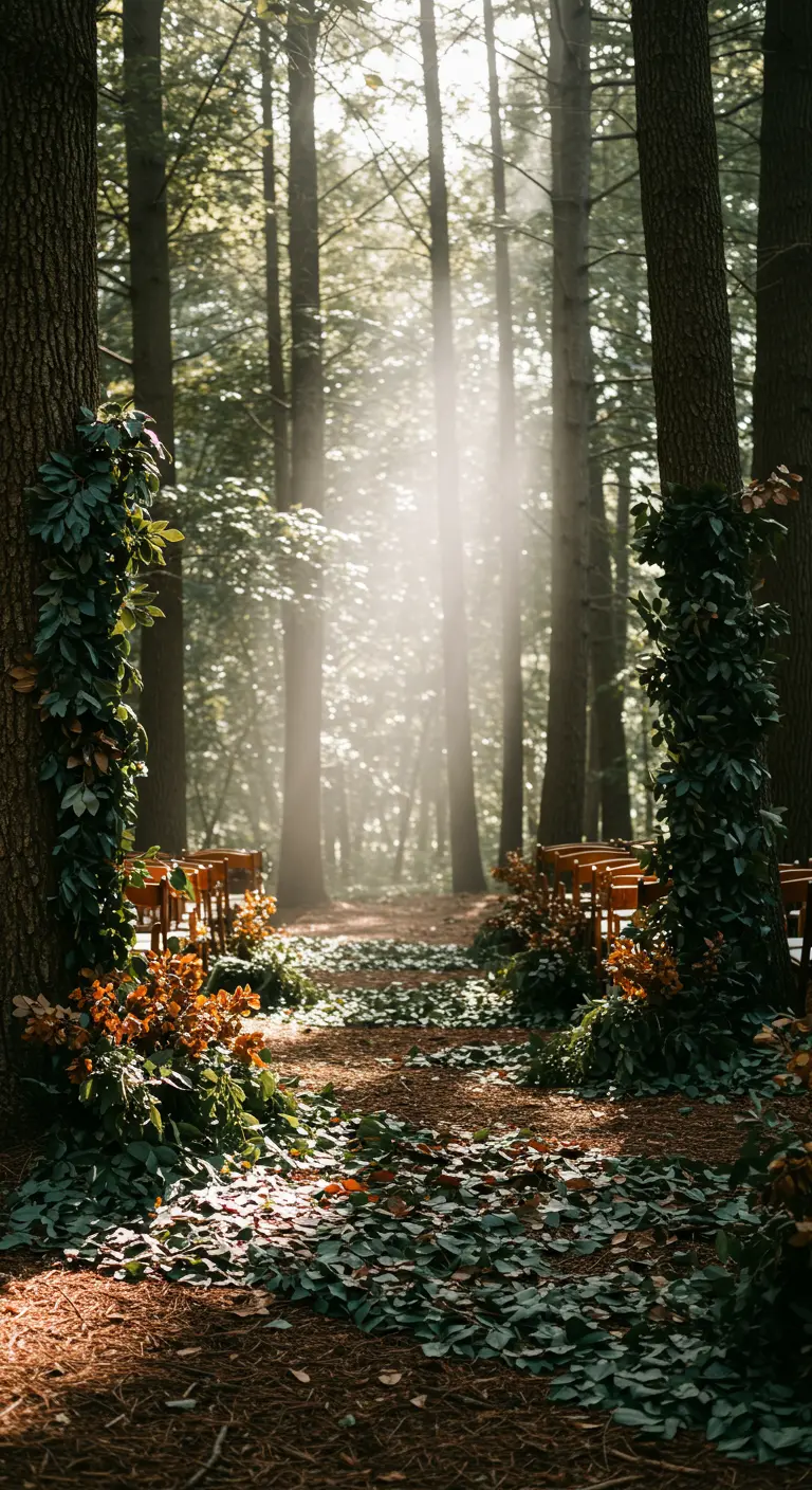 Camino hacia un altar de bodas en el bosque, cubierto de hojas de papel y naturales.