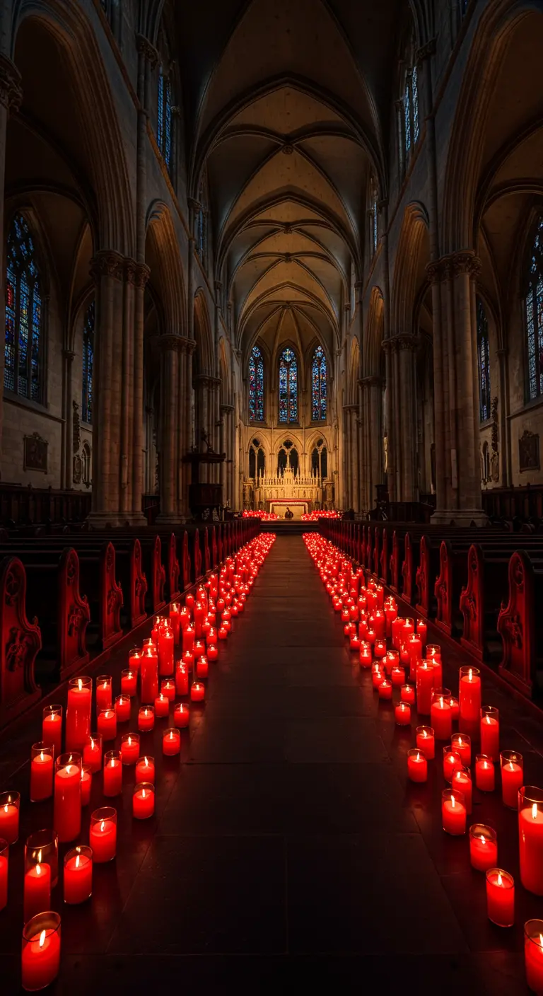 Pasillo de una catedral iluminado por cientos de velas rojas en el suelo.