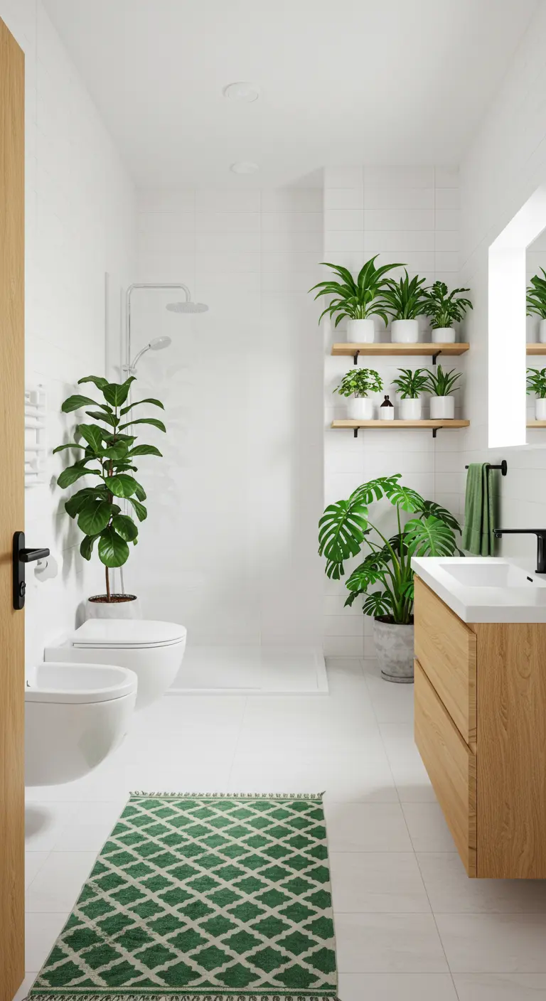 Baño estrecho y blanco con muchas plantas en estantes y una alfombra verde