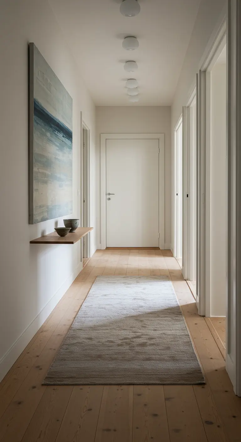 Pasillo luminoso con suelo de madera, alfombra larga y un cuadro abstracto en la pared