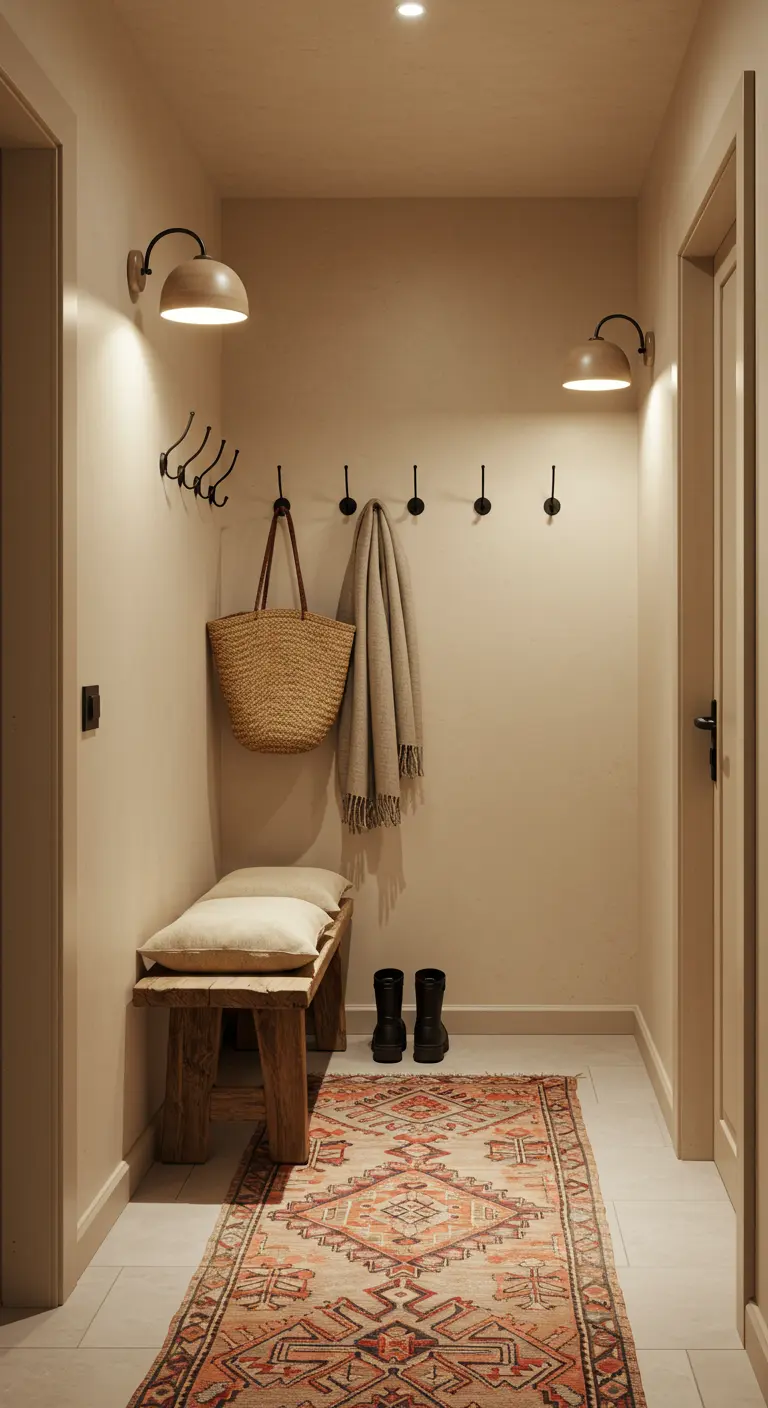 Entrada estrecha y acogedora con banco de madera, ganchos y alfombra kilim