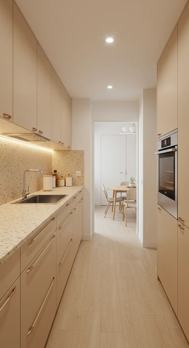 Cocina estrecha de estilo coreano con armarios beige y encimera de terrazo