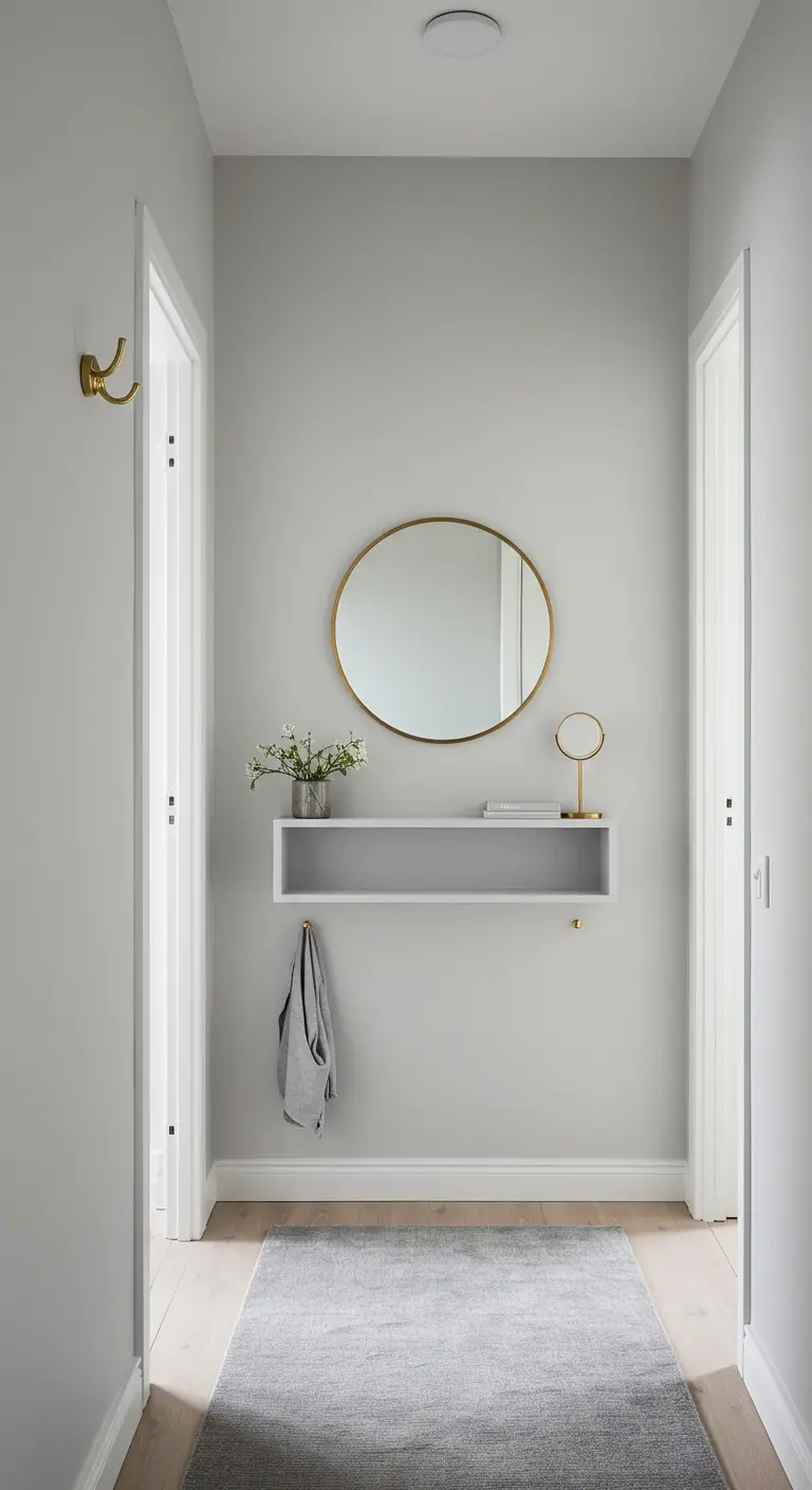 Pasillo estrecho en color gris claro con un estante flotante blanco y un espejo redondo dorado.