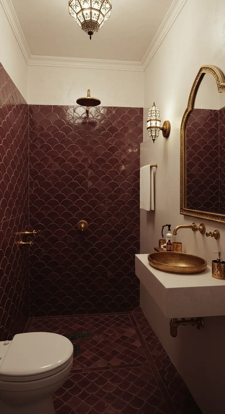 Baño elegante con azulejos en forma de escama color vino y accesorios dorados
