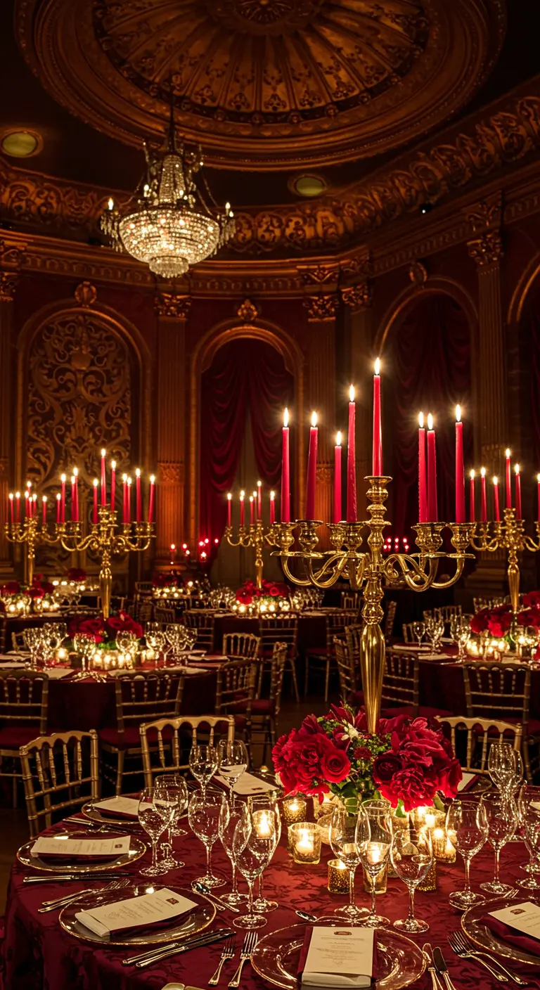 Salón de baile con mesas redondas, manteles rojos, y candelabros dorados con velas rojas.