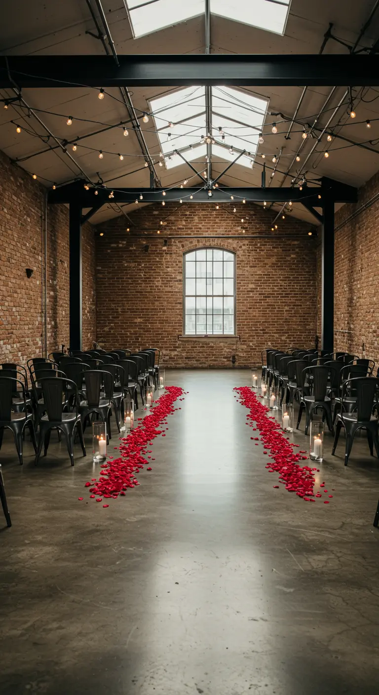 Pasillo en un loft industrial con bordes de pétalos rojos y velas en el suelo.