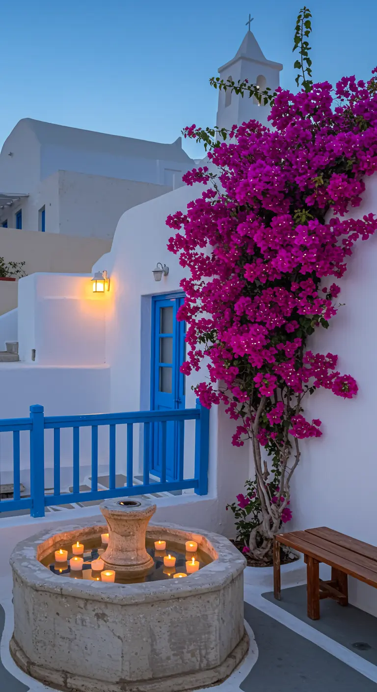 Patio de estilo mediterráneo con pared blanca, buganvilla fucsia, puerta azul y una fuente de piedra con velas