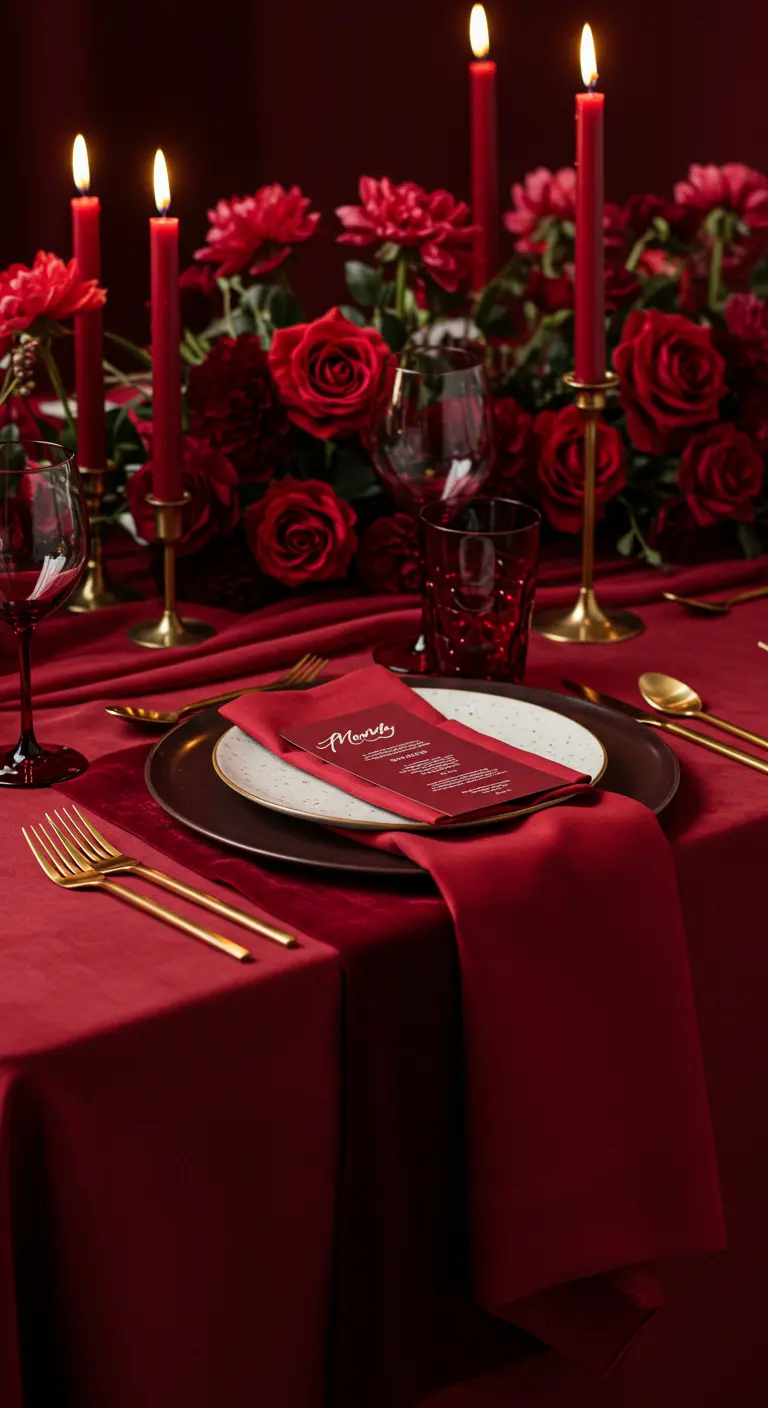 Mesa cubierta completamente en tonos de rojo, con cubertería y candelabros dorados.