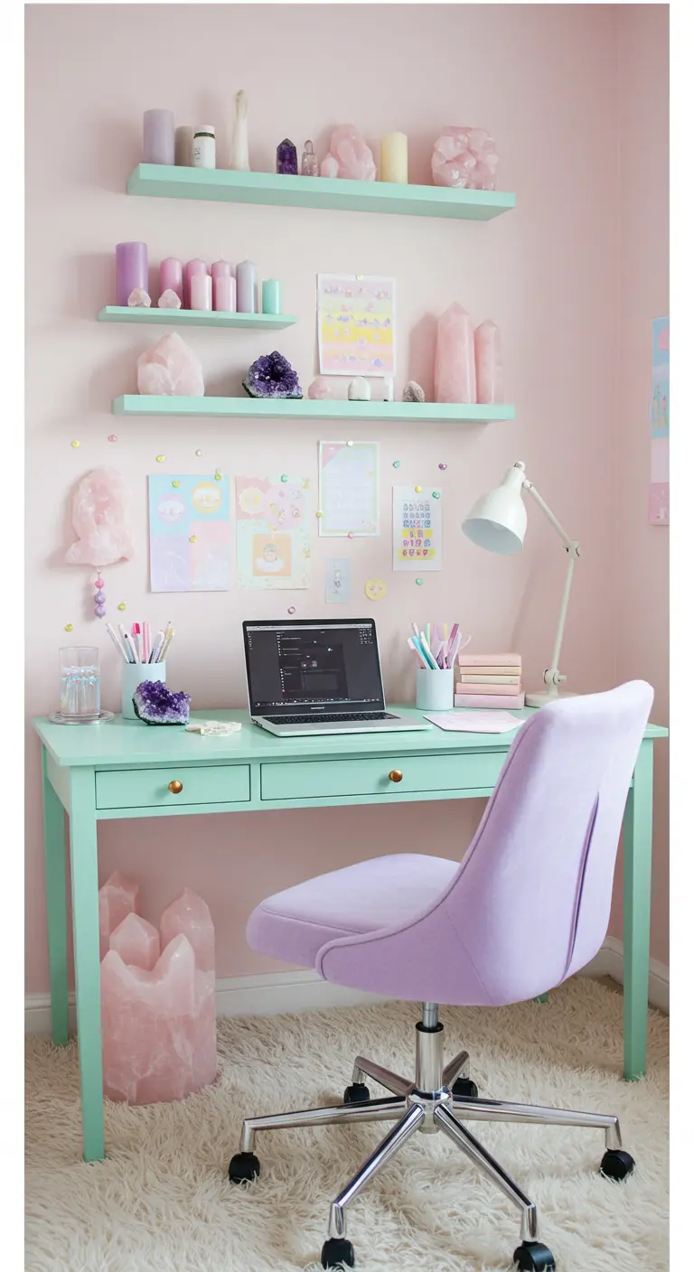 Escritorio color menta y silla lila en una habitación rosa, con estantes llenos de cristales y cuarzos.