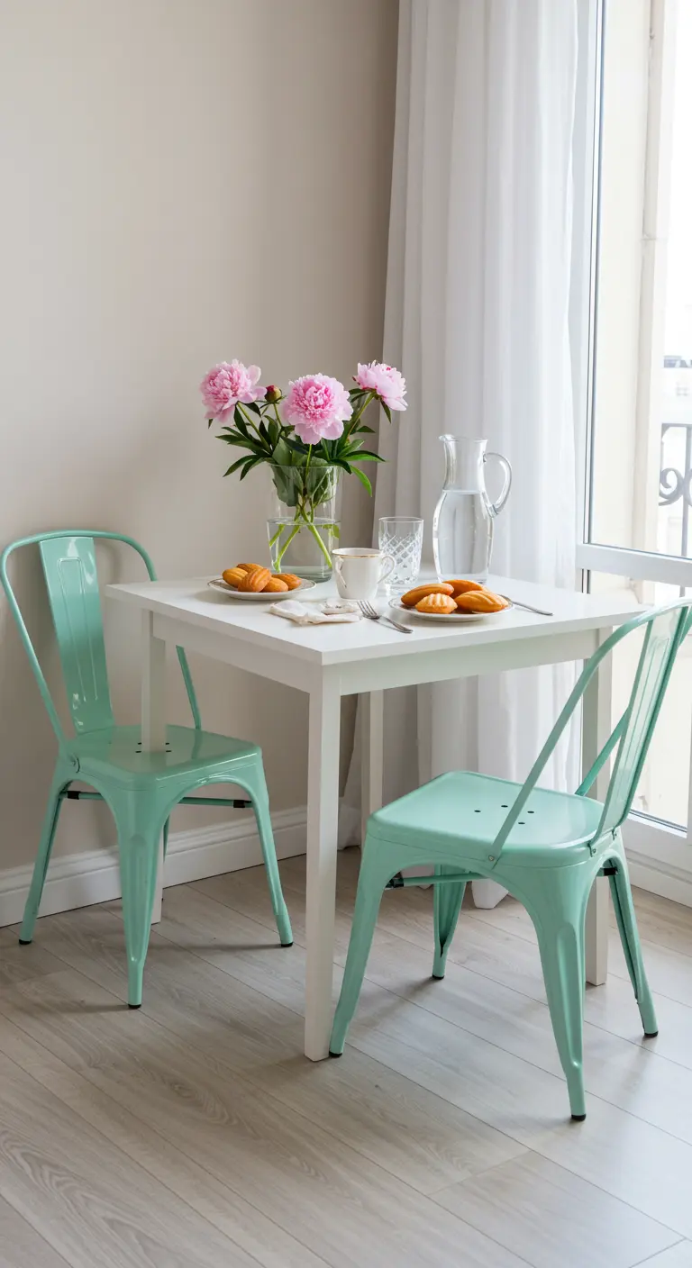 Desayunador minimalista con sillas metálicas verde menta, mesa blanca y un jarrón con peonías.