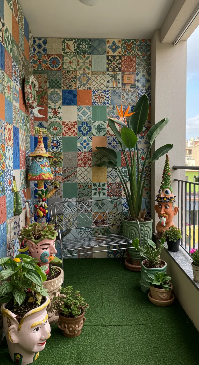 Balcón ecléctico con una pared cubierta de un patchwork de azulejos de colores y macetas con forma de cara.