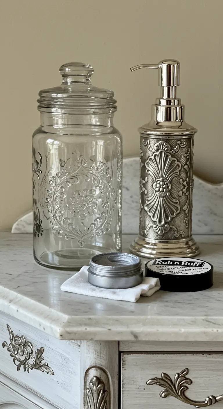 Dispensador de jabón con un acabado plateado envejecido y ornamentado, junto a un frasco de vidrio.