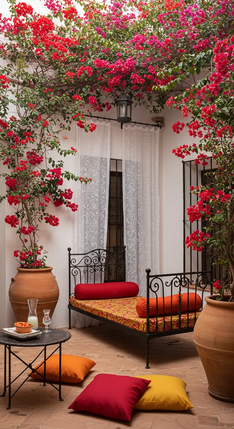Cama de forja con cojines coloridos en un patio andaluz con paredes blancas y buganvillas fucsias