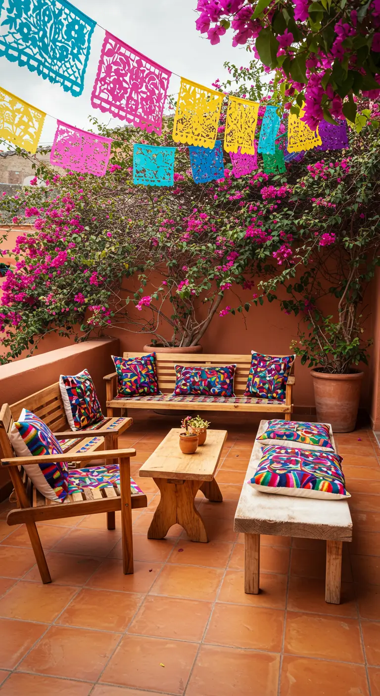 Patio mexicano con papel picado, muebles de madera y cojines bordados de colores.