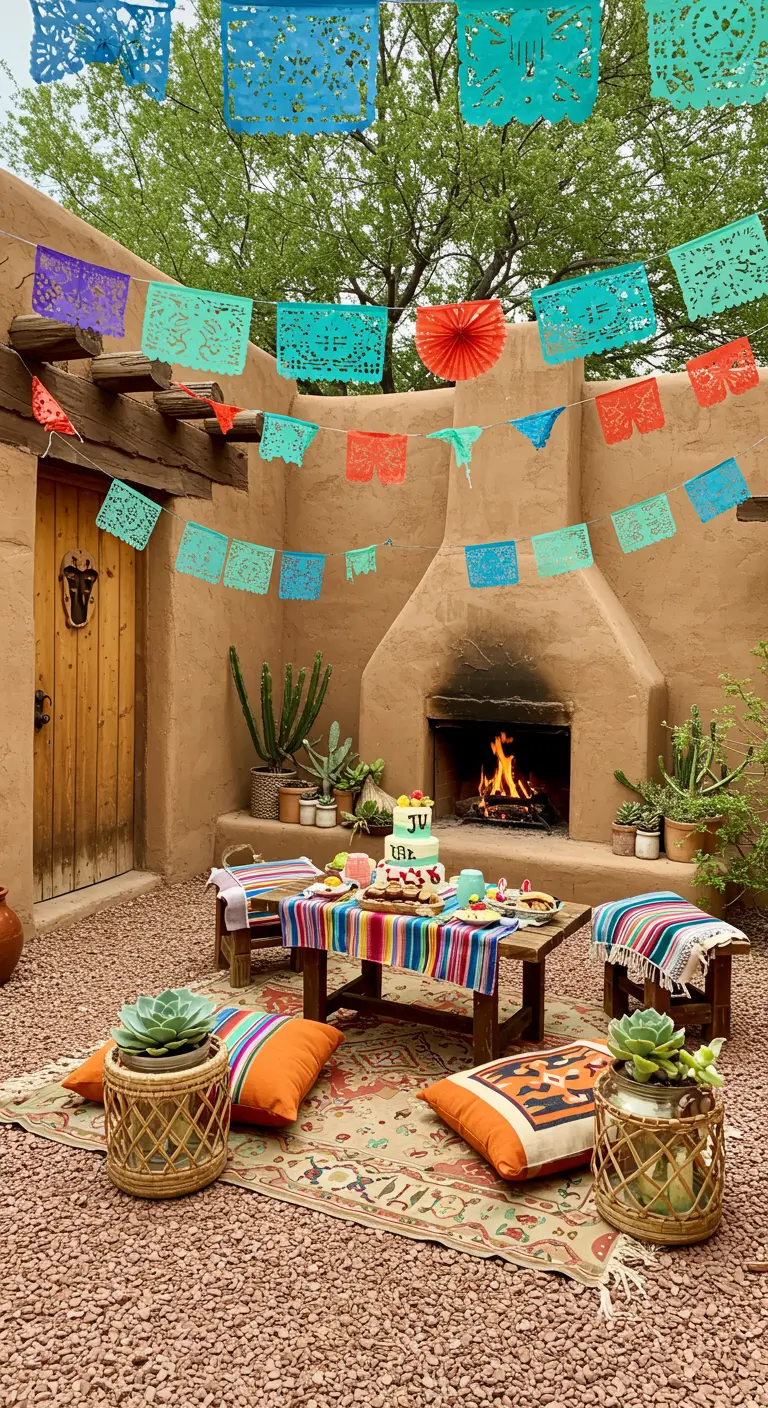 Patio de adobe con chimenea exterior, decorado con papel picado y cojines en el suelo.