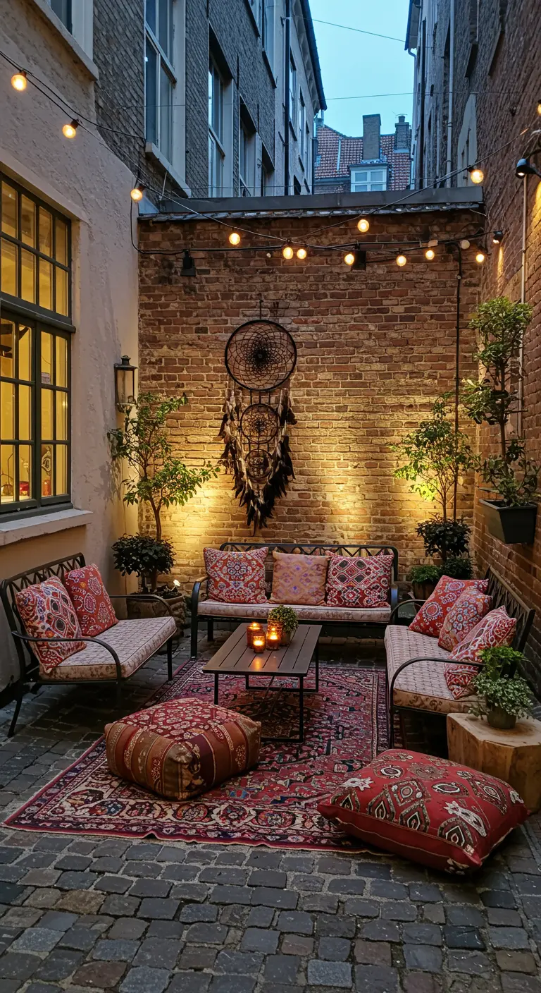 Patio interior de ladrillo iluminado de noche, con sofás, pufs, una alfombra roja y atrapasueños