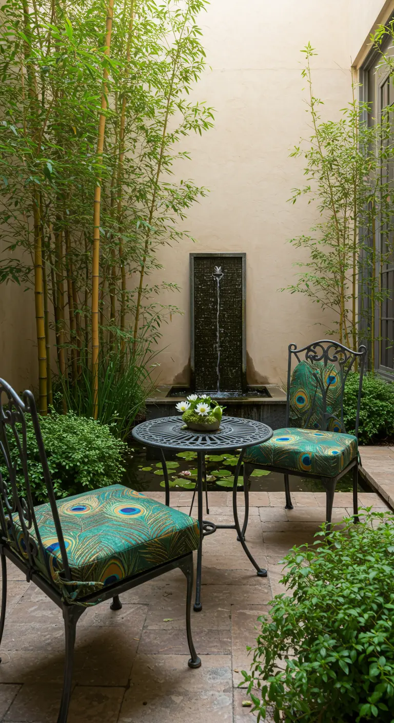 Patio interior con fuente, sillas de hierro forjado y cojines con estampado de pavo real.