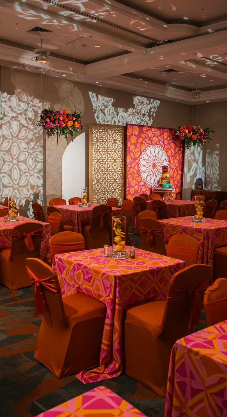 Salón de fiesta con patrones geométricos de luz proyectados en las paredes y manteles estampados.