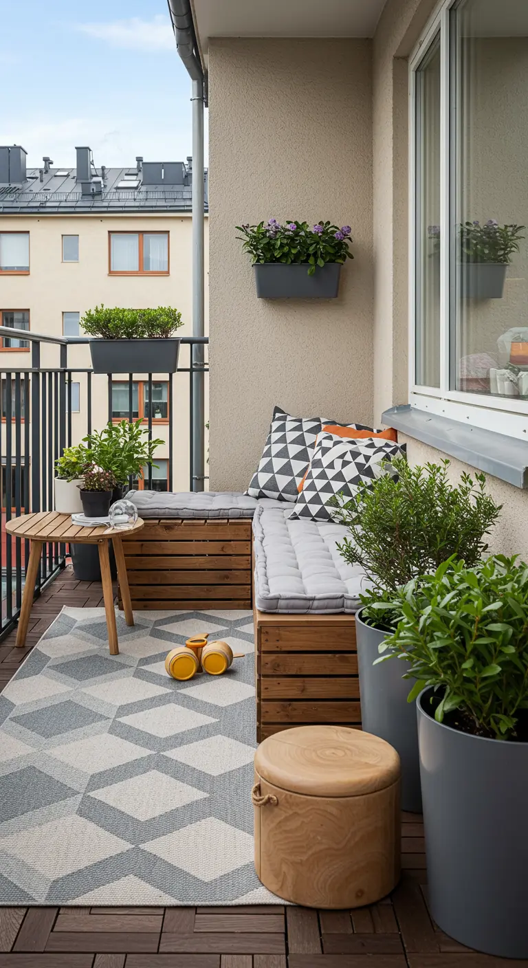 Balcón con banco de madera, cojines con estampados geométricos y una alfombra a juego.