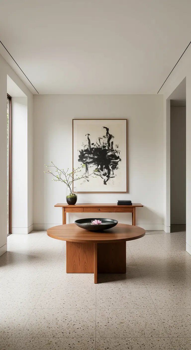 Recibidor amplio con un gran cuadro abstracto, mesa baja de madera y un cuenco ceremonial.