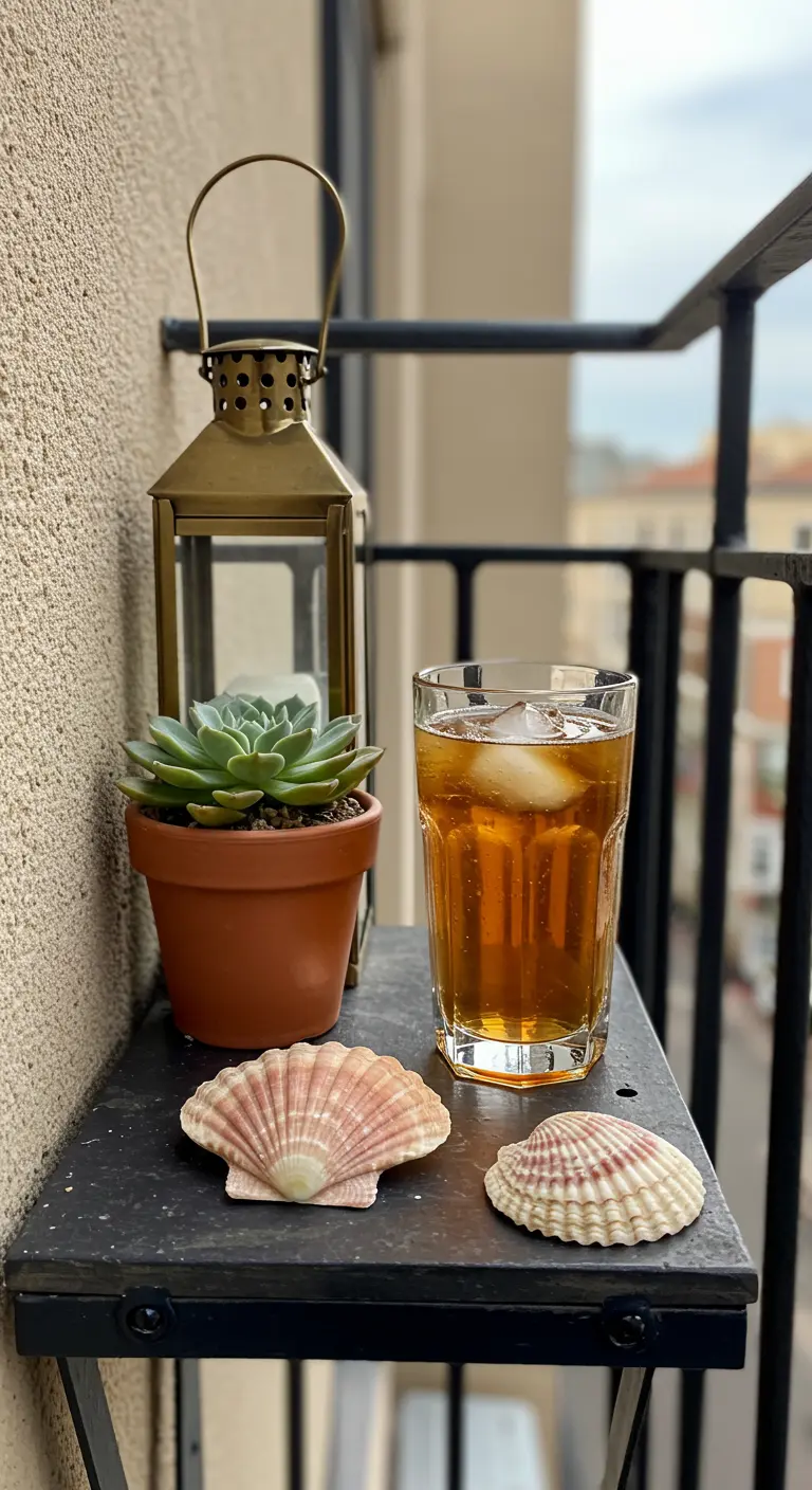 Pequeña repisa de balcón con una suculenta, un farolillo y dos conchas junto a un vaso de té helado.