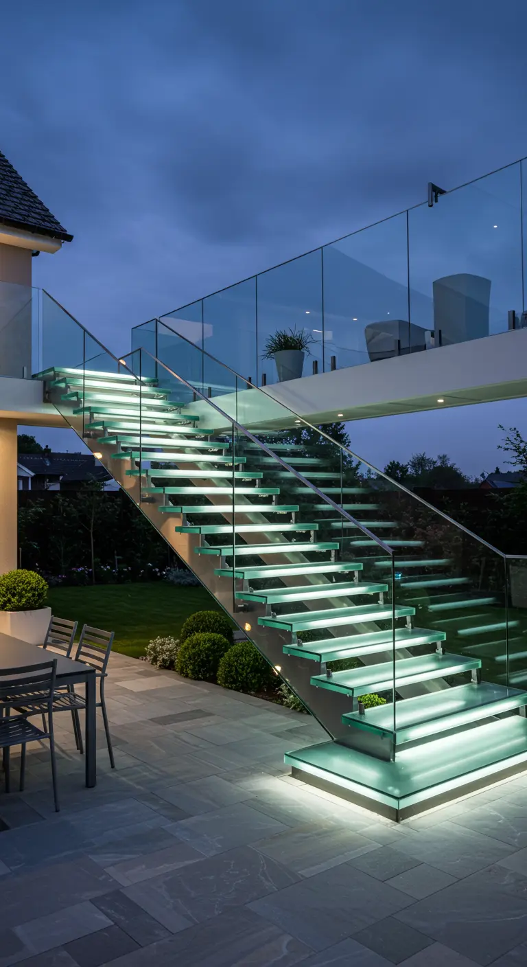Escalera exterior de acero y vidrio con peldaños iluminados por luces LED blancas.