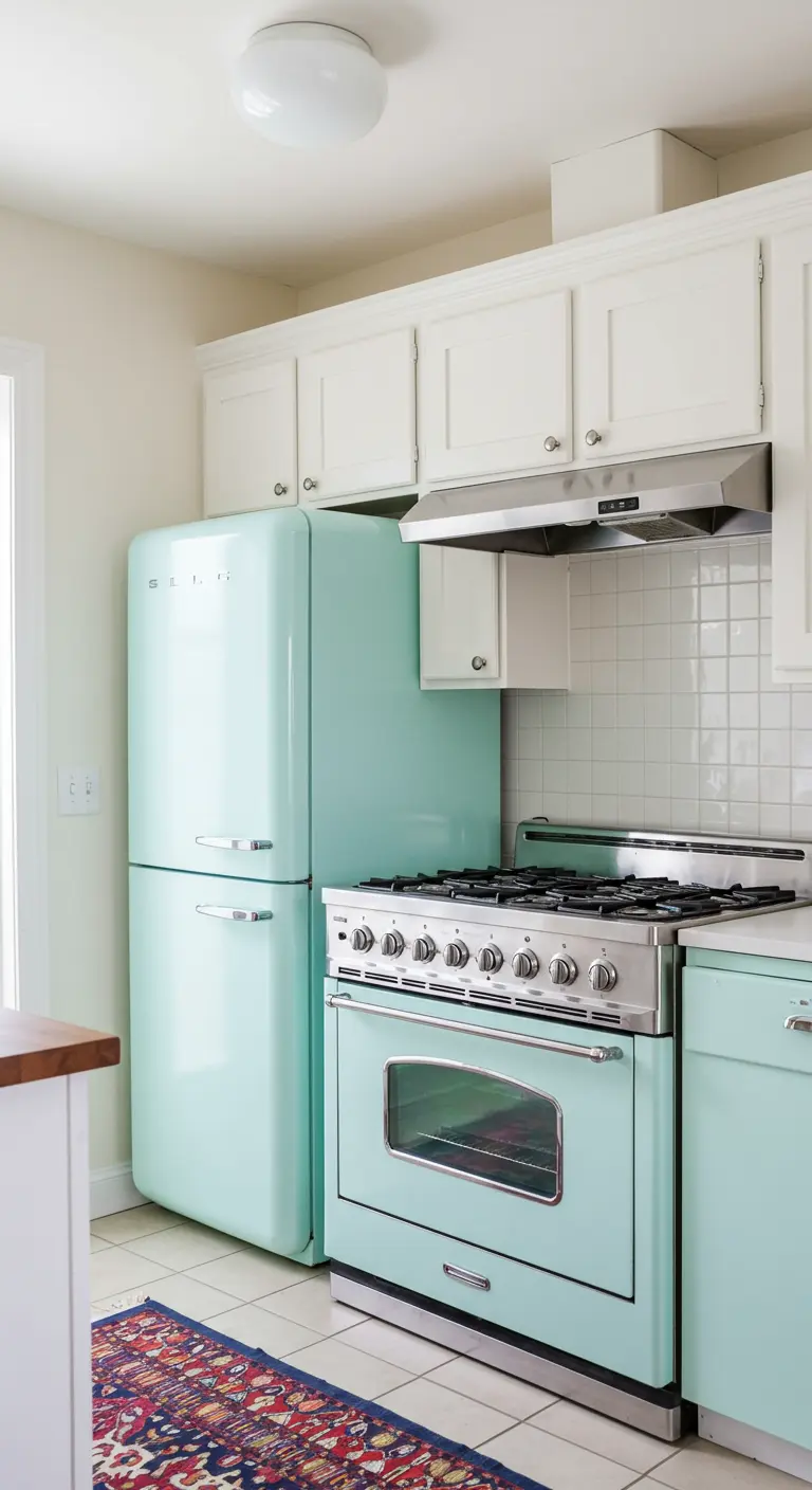 Cocina pequeña con frigorífico y cocina de estilo retro en color menta.