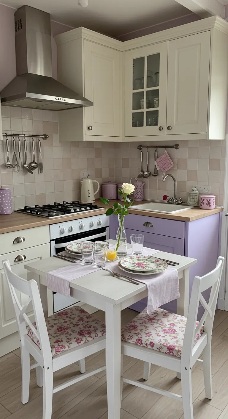 Cocina pequeña y coqueta con muebles inferiores en color lavanda y mesa blanca para dos.