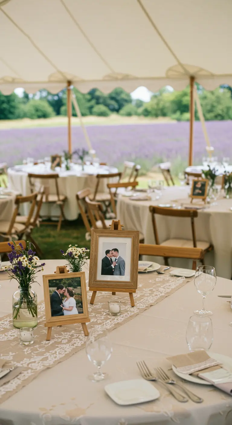 Fotos de la pareja en pequeños caballetes de madera sobre una mesa con camino de encaje.